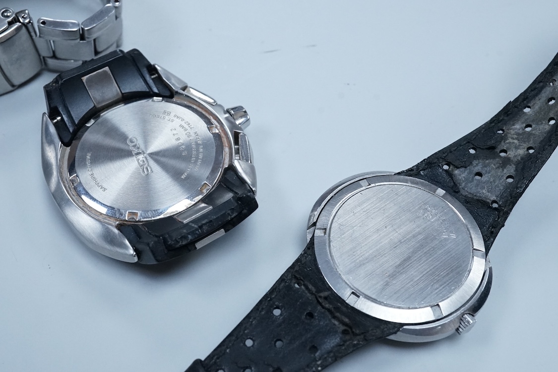 A gentleman's 1970's stainless steel Omega Dynamic manual wind wrist watch, with blue dial and baton numerals, case diameter 40mm, on a leather strap wit Omega buckle, together with a gentleman's Seiko Kinetic and a simi